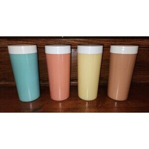 Vintage N.F.C Insulated Tumbler Cups Yellow/Pink/Brown/Green 60s Made In USA